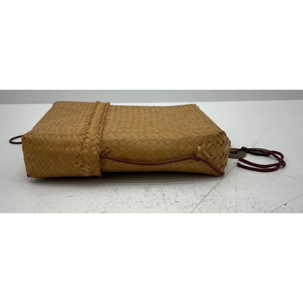 Handmade Woven Bag Backpack Vintage Basket Tan Bamboo With Lid & Chinese Coin